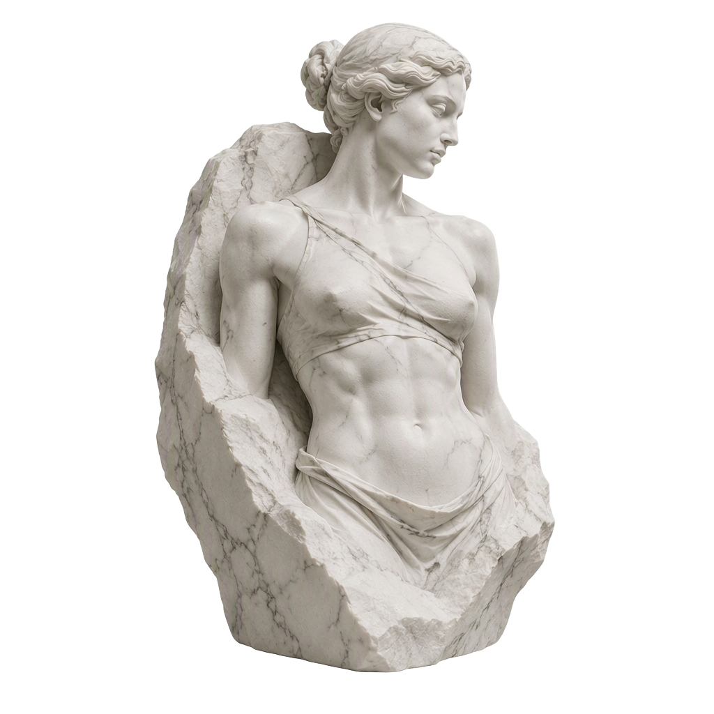 Marble sculpture of a strong female figure emerging from raw stone